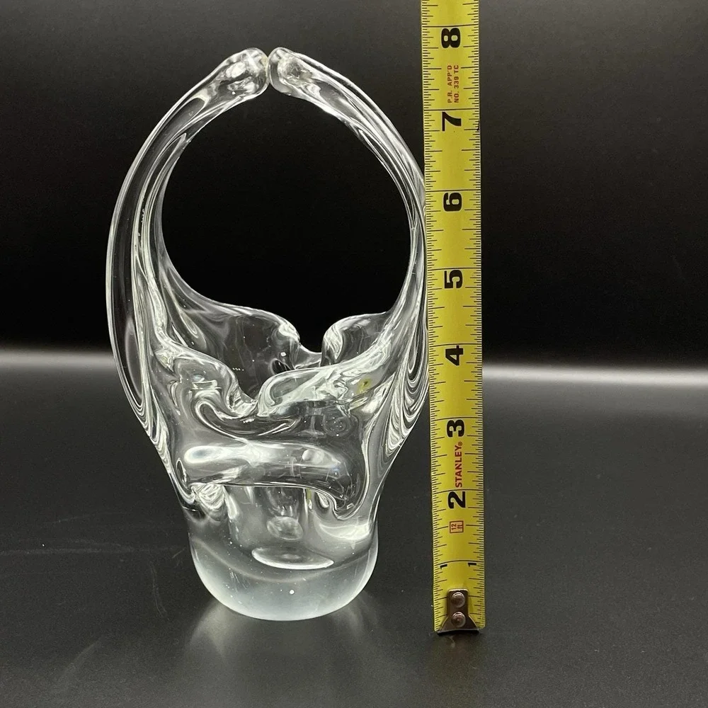 Vintage Hand Blown Art Glass Basket Clear Split Handle Basket Vase‎